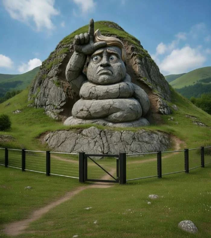 AI-rendered Mount Turdmore — a massive turd-shaped Trump monument carved into a hillside