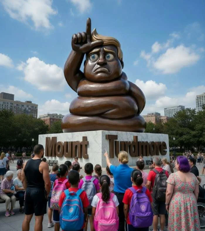 A crowd of children on a school trip looking up at the Mount Turdmore bronze statue in a city park
