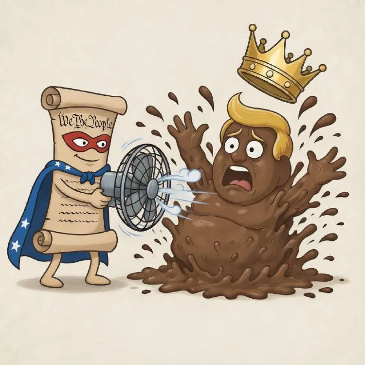 Cartoon of 'We the People' superhero document blasting a fan at turd-Trump wearing a crown