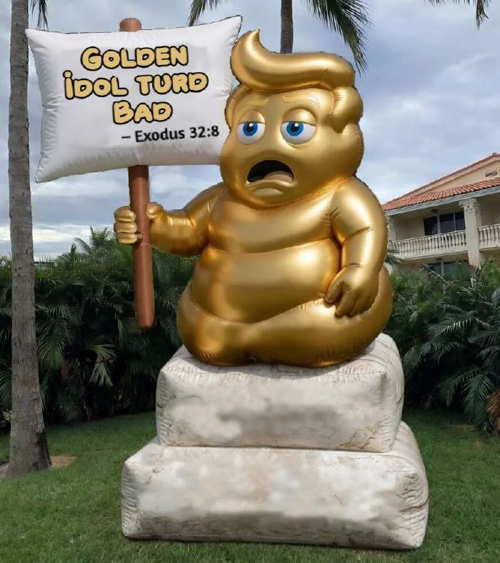 Gold metallic inflatable turd-Trump outdoors holding a sign reading 'Golden Idol Turd Bad – Exodus 32:8'