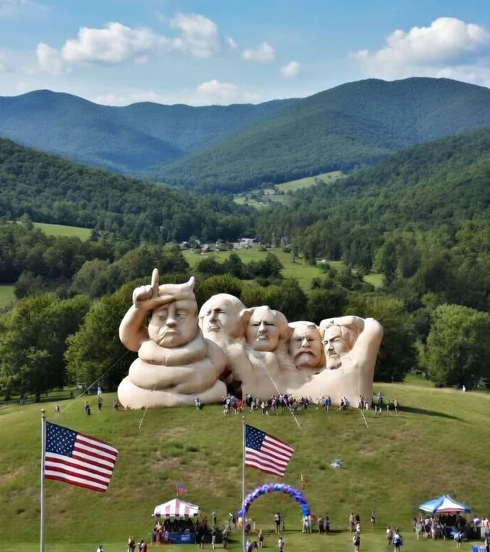 Aerial view of giant inflatable Mount Turdmore installation at an outdoor festival with American flags