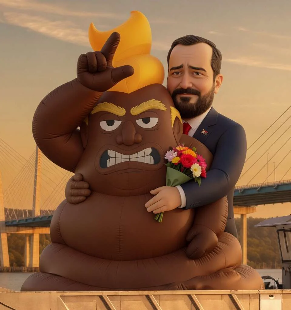 Giant inflatable turd-Trump on a Hudson River barge embraced by a bearded figure holding flowers — visible from the Cuomo Bridge