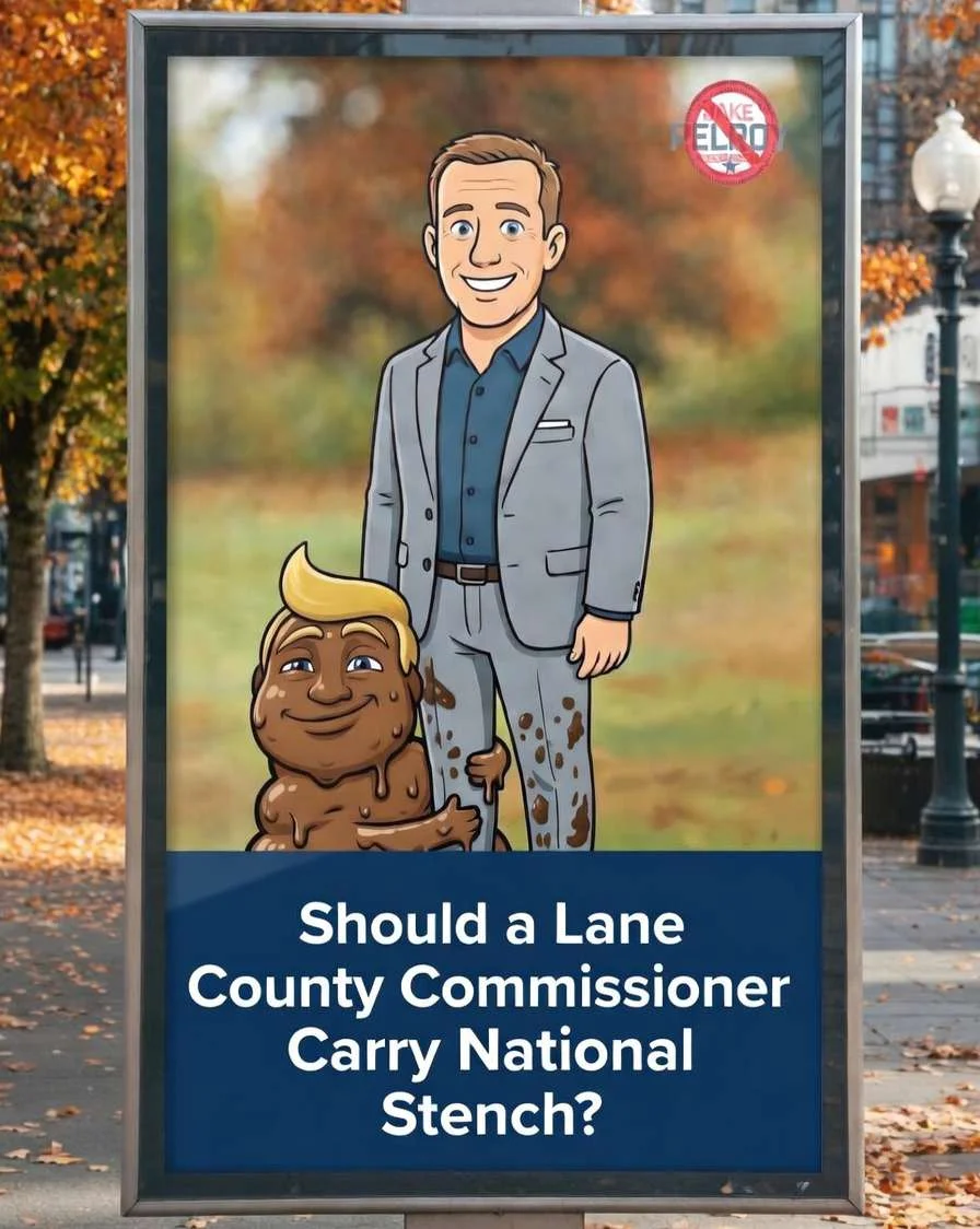 Bus shelter ad: cartoon of local politician standing with a turd, caption 'Should a Lane County Commissioner Carry National Stench?'