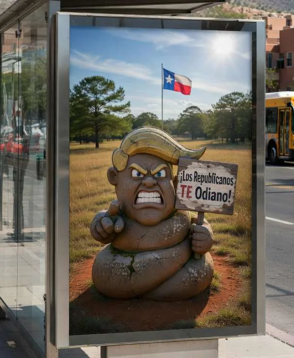 Bus shelter ad in Texas with Spanish text: '¡Los Republicanos TE Odiano!' on a turd-Trump stone sculpture