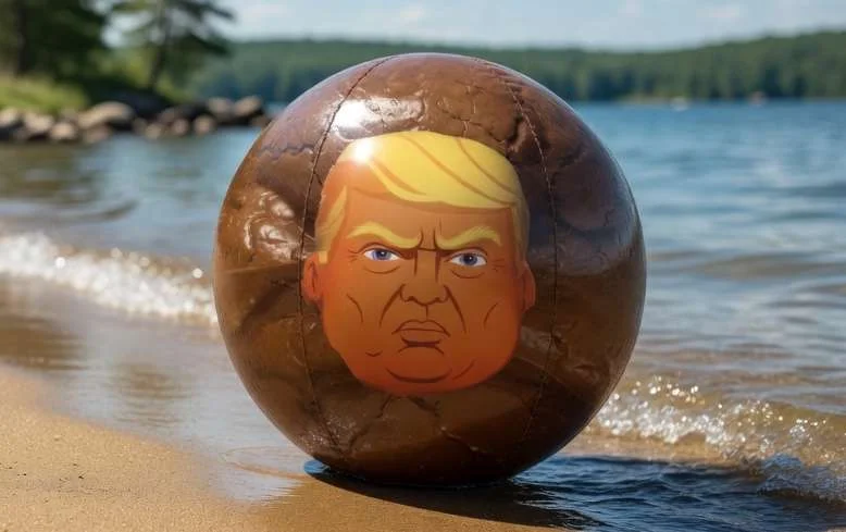 Turd-Trump beach ball at a lakeside