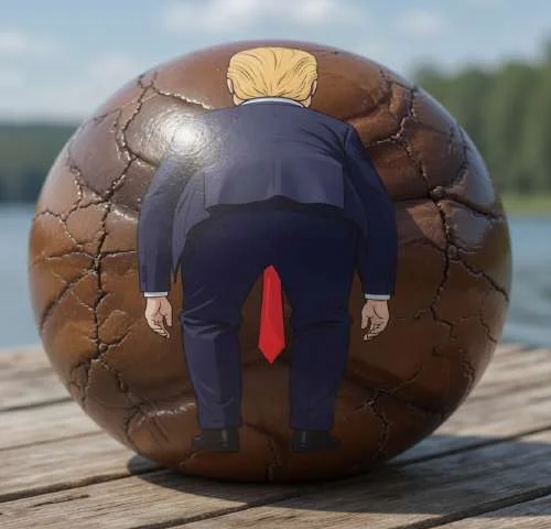 Back of turd ball beach ball showing Trump rear view in blue suit
