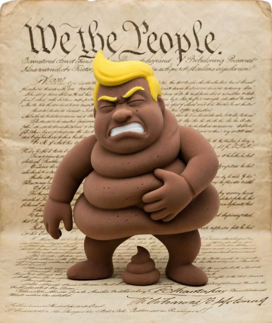 Vinyl toy figure of angry turd-Trump standing in front of the U.S. Constitution