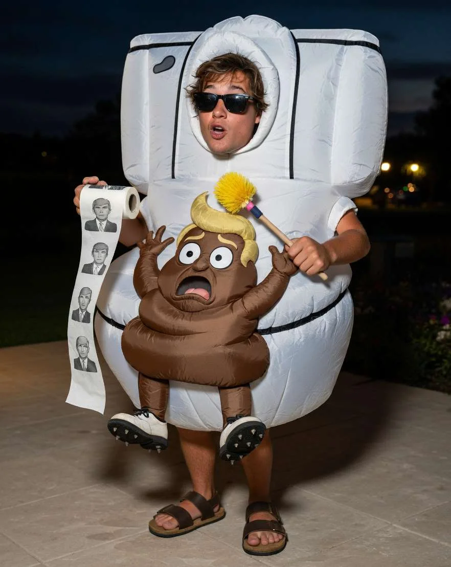 College student wearing inflatable toilet costume with a small turd-Trump figure emerging, holding Trump toilet paper