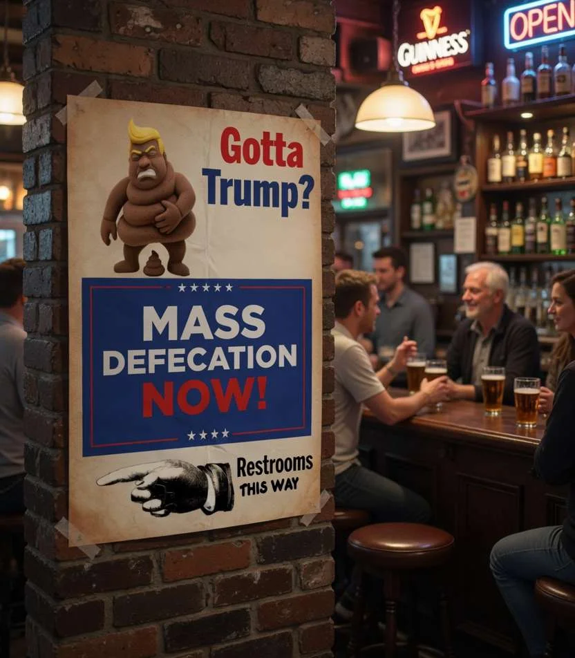 Bar poster: 'Gotta Trump? MASS DEFECATION NOW! — Restrooms This Way'