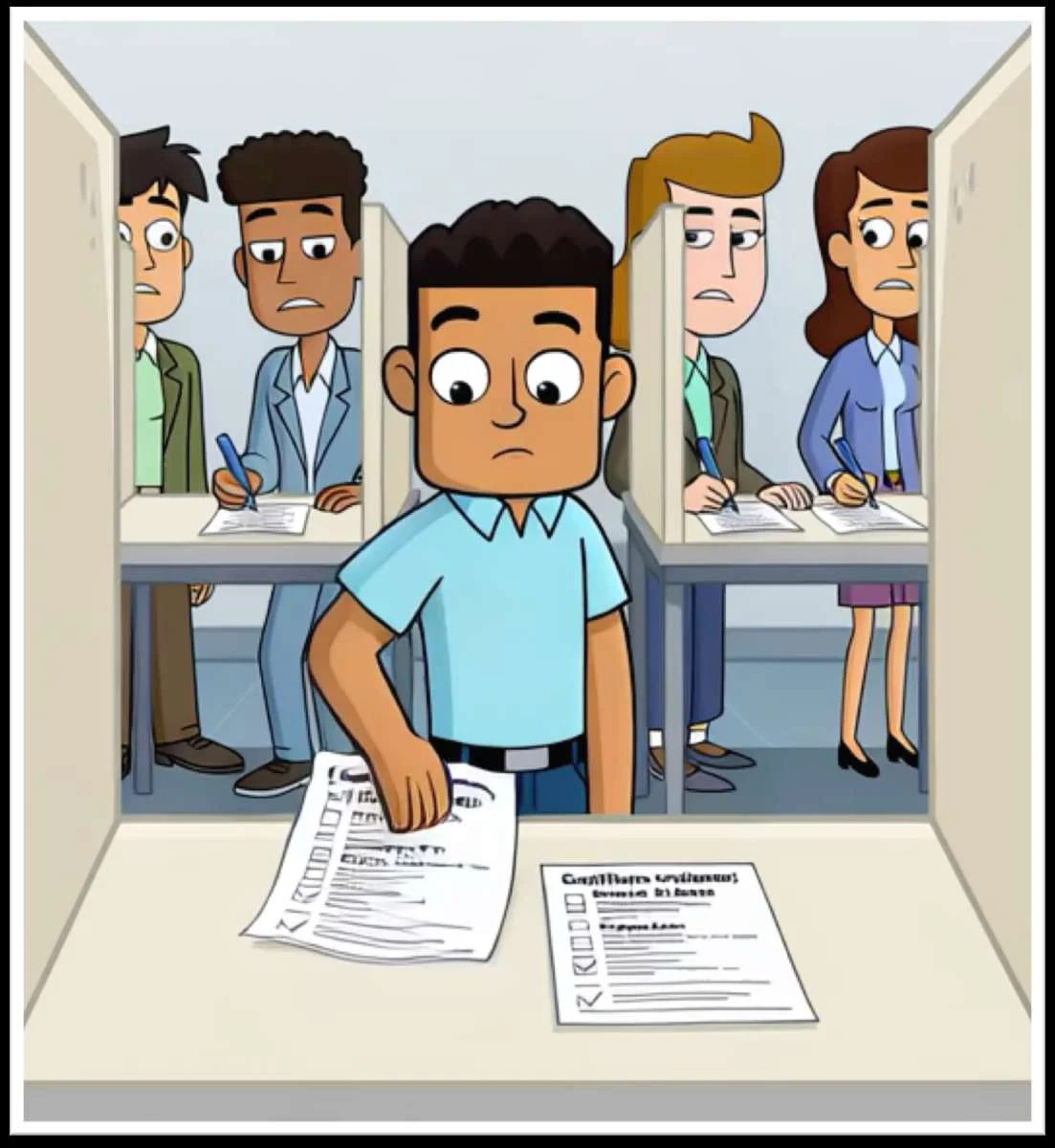 Cartoon animation still: a voter at a polling booth looking anxious while others watch