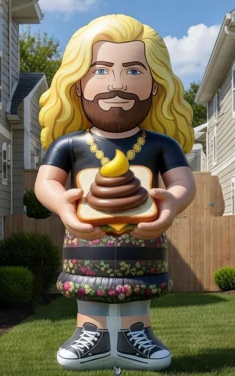 Massive inflatable of a JD Vance-lookalike figure holding a turd-on-bread sandwich