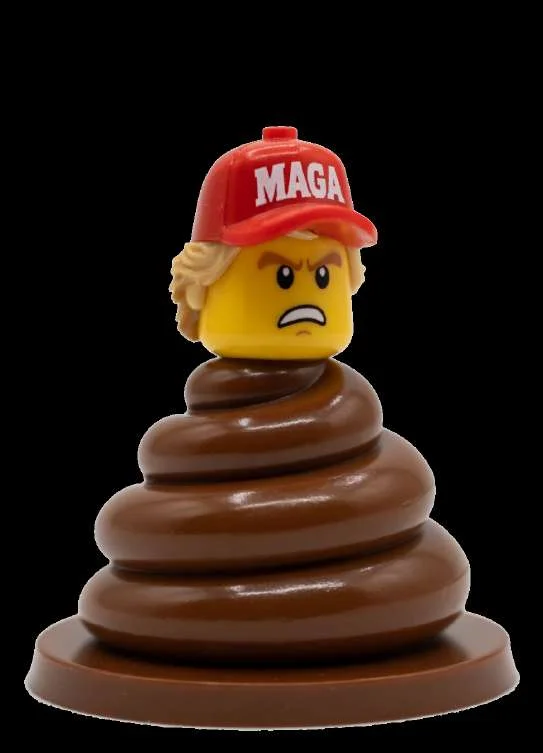 LEGO minifig Trump head on top of a coiled turd, wearing a MAGA hat