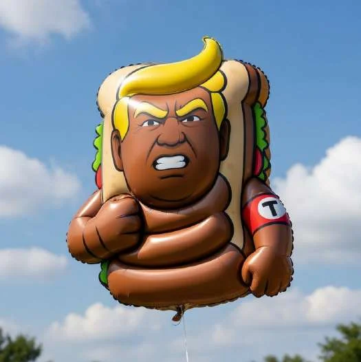 Turd-Trump foil balloon at an outdoor rally