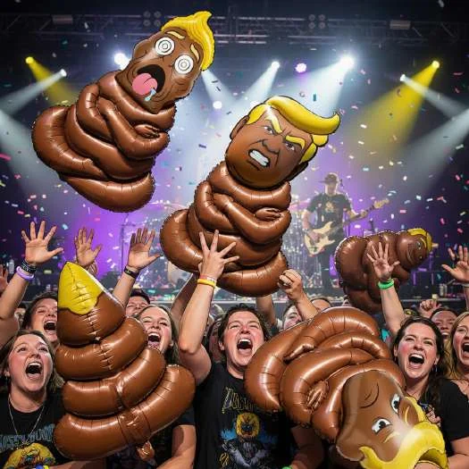 Crowd at a concert holding turd-Trump inflatables aloft with confetti and stage lights